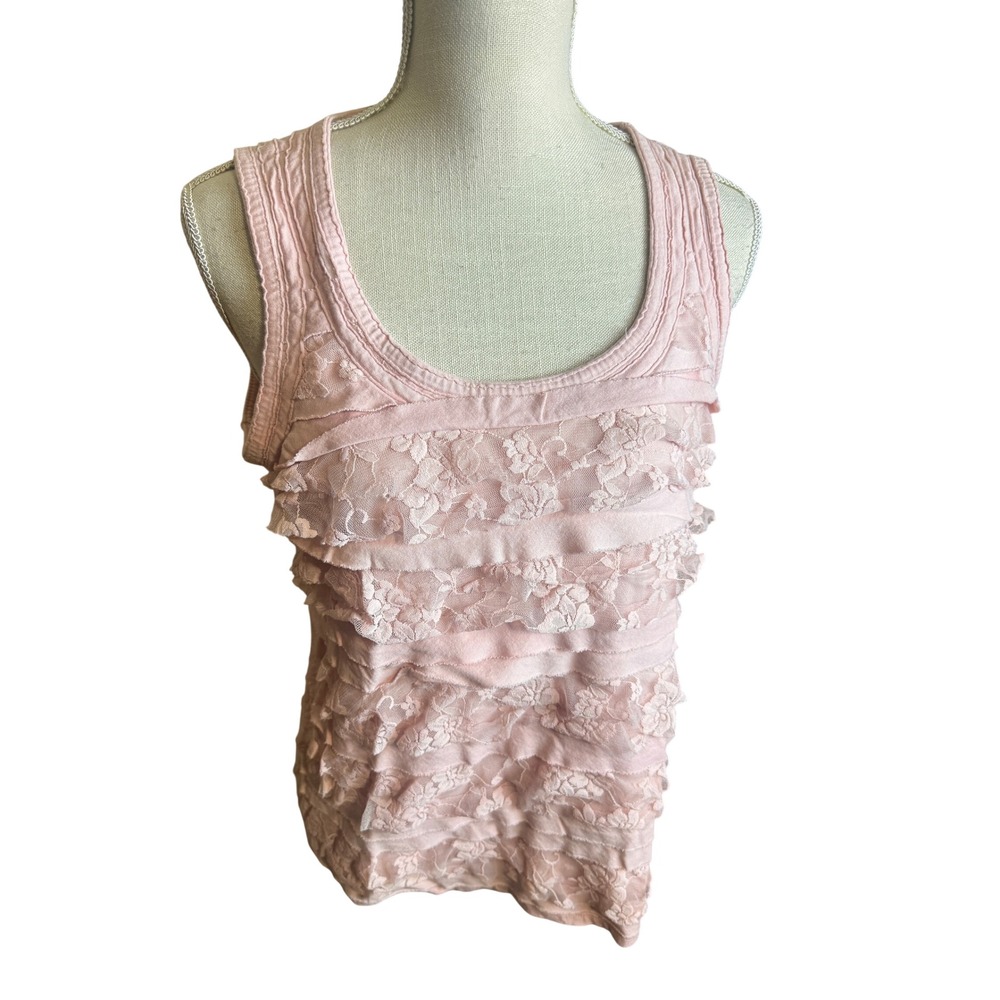 Chicos Pink Floral Lace Ruffle Tiered Tank Top Sleeveless Pastel Coquette L